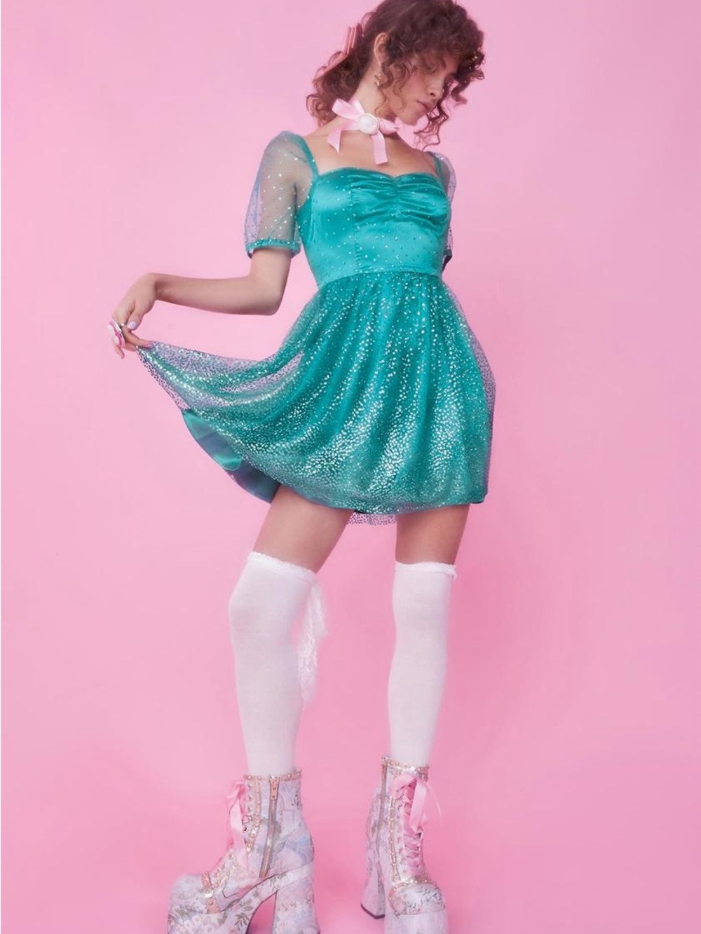 Sugar thrillz Shimmery Teal Puff Sleeve Mini Dress